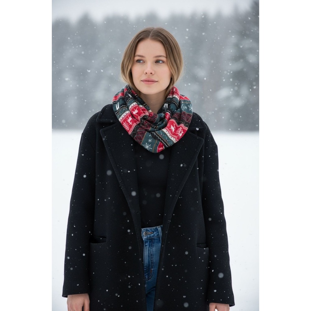 Women Christmas Infinity Scarf Deer Snowflake Pattern old world folk grandmacore - Picture 2 of 8